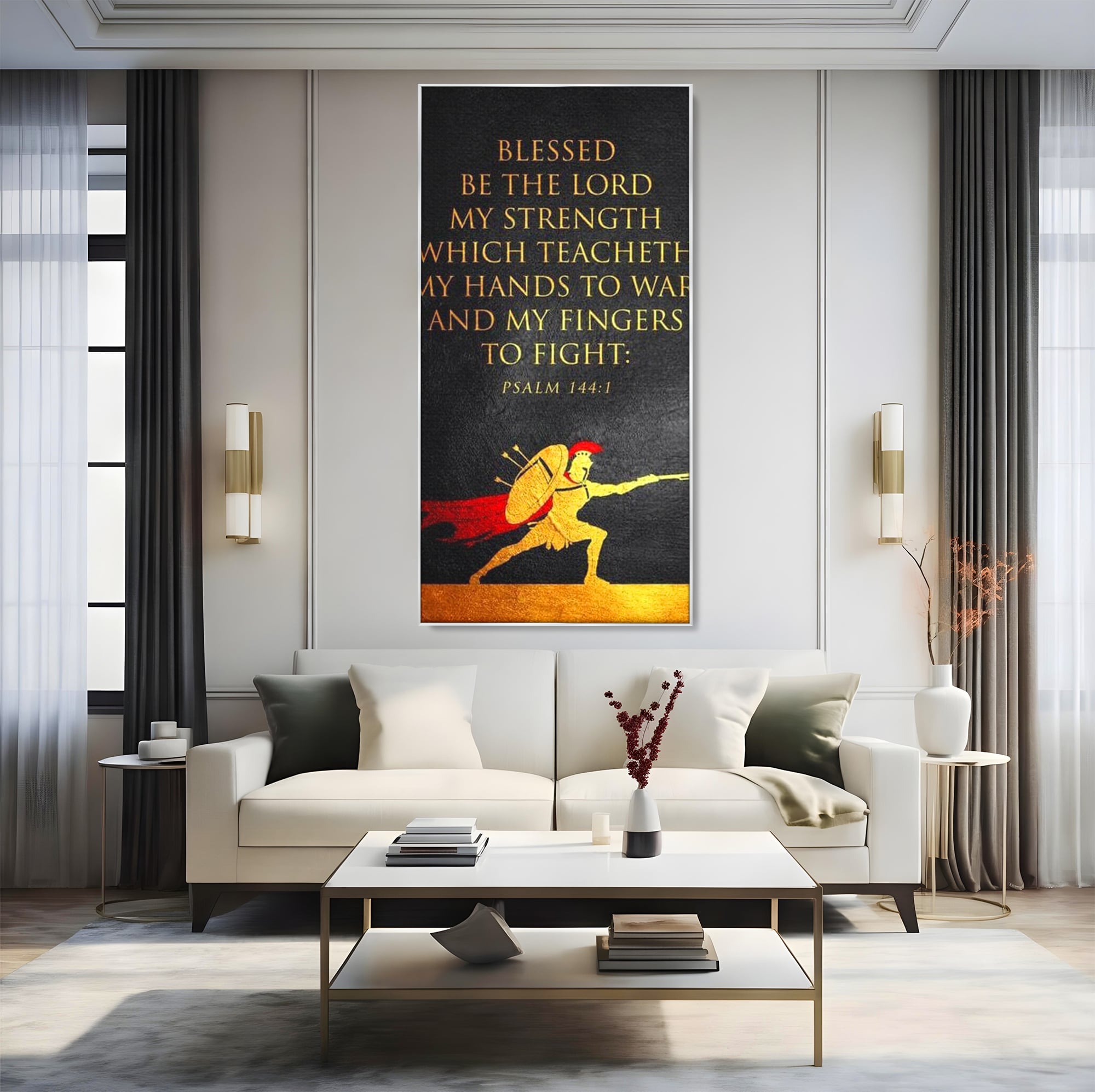 Tablou canvas cu tablou canvas cu razboinic antic si verset, in rama de aluminiu argintiu, pe perete intr-un living